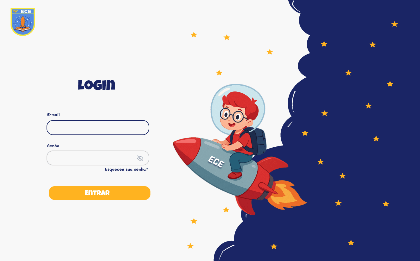 Tela de login do Sistema Escolar da FAB, com uma criança astronauta em um foguete