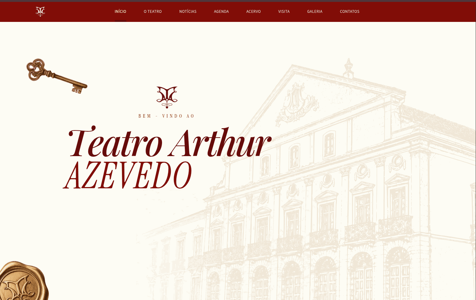 Página inicial do site do Teatro Arthur Azevedo, com ilustração da fachada histórica