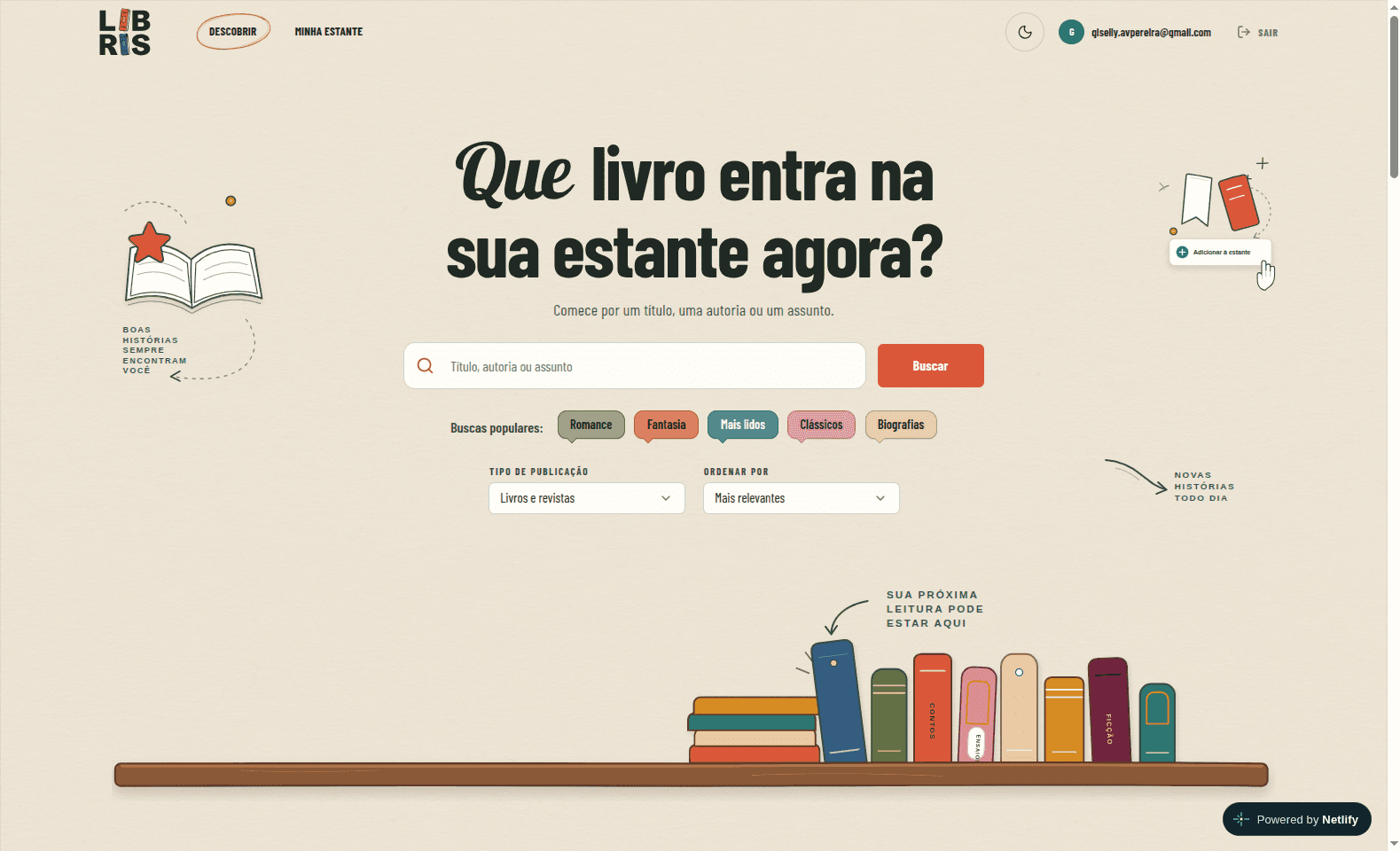 Tela de descoberta de livros da biblioteca pessoal Libris
