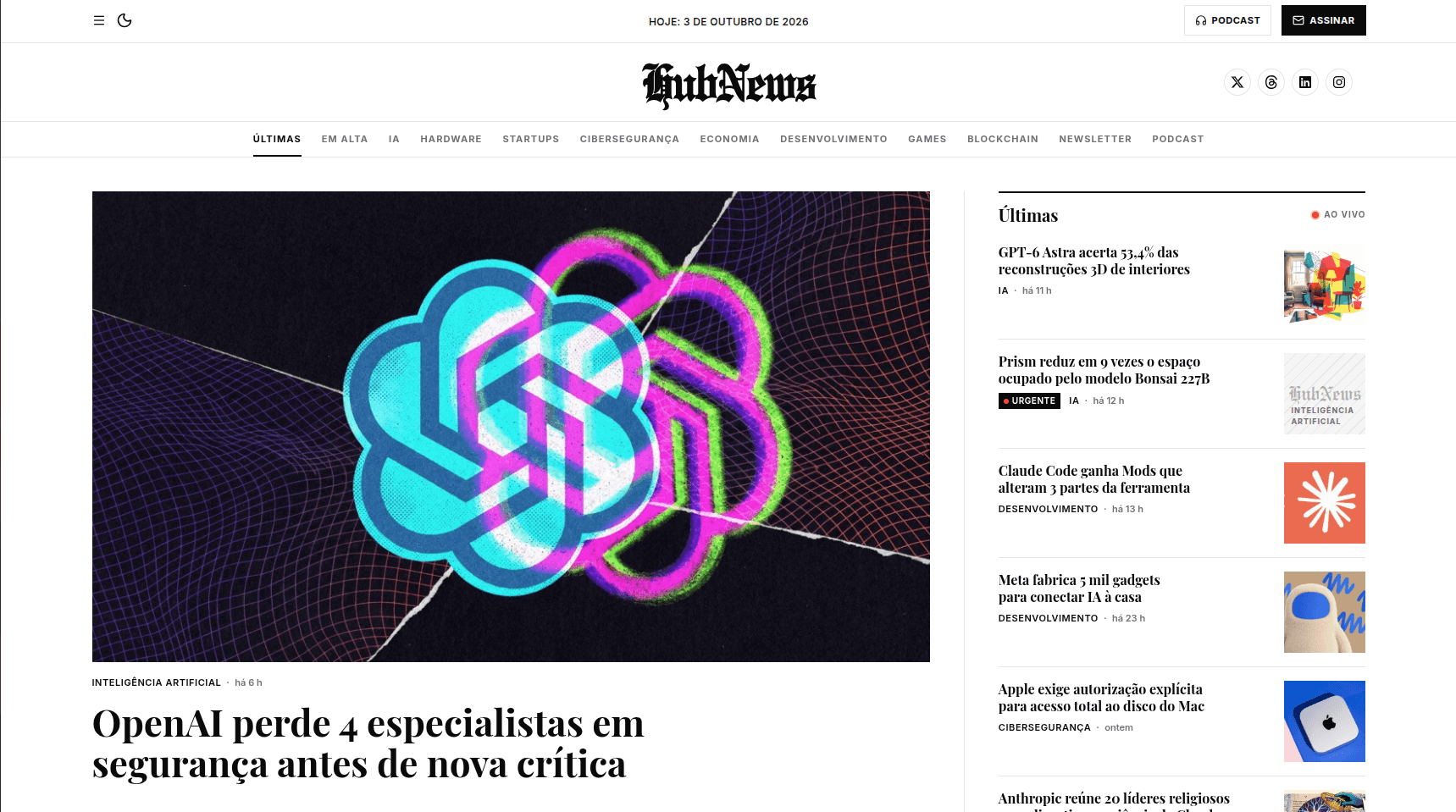 Página inicial do HubNews com destaque editorial, categorias e últimas notícias