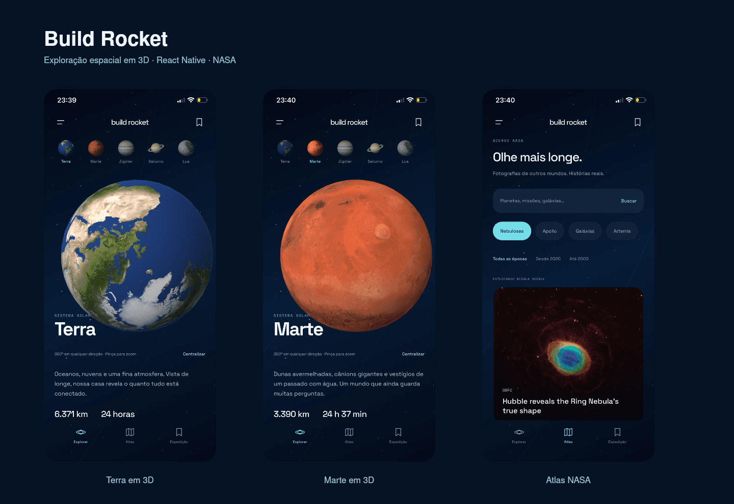 Telas reais do Build Rocket com Terra, Marte e Atlas NASA